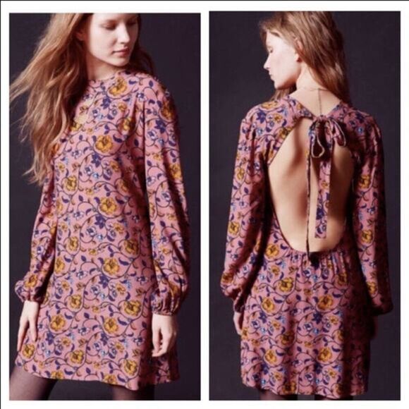 Anthropologie For Love and Lemons Pink Floral Open Back Mini Dress Size Small - Picture 1 of 16
